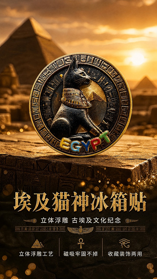 [商品] 使用【图1】古埃及猫神贝斯特立体浮雕圆形冰箱贴；保留圆形轮廓、黑金配色、猫神坐姿造型、金色项圈、象形文字外圈、彩色EGYPT字母、侧面白色、立体浮雕质感；颜色不改变，商品本体文字和图案保持原样。
[画面] 页面目标：氛围头图，建立古埃及神秘高级的第一印象。构图：居中偏上主体展示，产品占画面55%，下方留白放文案。景别：中景。前中后景：前景金色沙粒光斑，中景冰箱贴主体悬浮于古埃及风格石质台面上，背景虚化的金字塔与沙漠黄昏光影。阅读动线：从上至下，先看产品再看文案。
[视觉] 套系策略：风格=古埃及神秘复古高级商业摄影；标题字=衬线粗体，古典厚重；正文字=现代简洁无衬线体；主色=金棕+炭黑；背景延展=基于金棕黑做深浅层级、沙漠暖光渐变和石质纹理质感；强调色=古金色，仅用于小面积图标、引线和装饰线条；标题色=古金色；正文色=暖米白；组件=复古金边信息卡、象形文字装饰细线；光影=右前侧暖金色柔光，产品浮雕立体感强，阴影自然。
[文字] 下方居中放主标题「埃及猫神冰箱贴」，副标题「立体浮雕 古埃及文化纪念」，下方3个短卖点：立体浮雕工艺 | 磁吸牢固不掉 | 收藏装饰两用。文字不遮挡产品主体，全部横排。
[规格] 图片比例9:16竖版，4K分辨率，负向提示：避免变形、颜色改变、浮雕细节丢失、文字模糊、冷蓝色调、商品本体文字错乱、极限词。