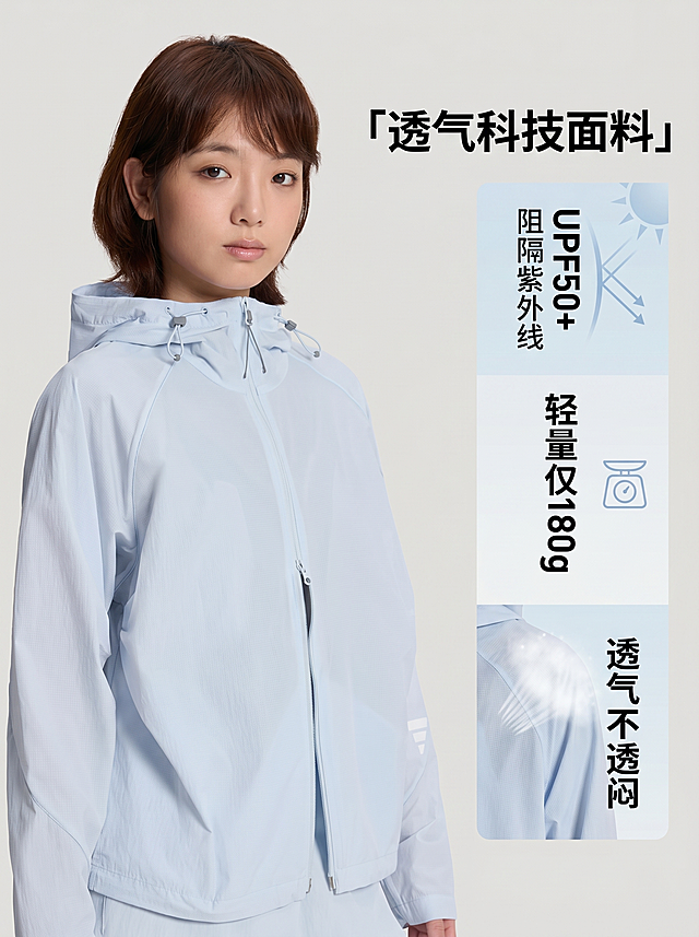 [主图 2] 浅蓝防晒衣面料透气功能展示主图。
[氛围风格] 专业科技感，功能展示清晰，适合做高点击率封面
[画质] 商业摄影质感、光线柔和通透、产品清晰真实、画面干净高级。
[元素] 同一位亚洲女模特近景上身展示浅天蓝色连帽防晒衣，保持产品外观、颜色、材质和模特穿搭与主图1绝对一致，杜绝换人换色差。画面左侧是模特上半身，右侧竖向排列参数信息区，展示面料透气性能，用微光透气效果辅助展示。商品主体占比约70%，画面满屏无边框，保持产品细节清晰。
[光影] 影棚柔和均匀布光，主光正面打亮面料纹理，辅光淡化阴影，突出面料肌理质感，光线通透不发灰。
[配色] 主色调浅天蓝+纯净浅灰背景，用淡蓝色作为信息区点缀色，整体简洁专业。
[视角构图] 平视近景，聚焦服装上半身，信息区在右侧，构图主次分明。
[文字版式] 右侧竖向信息区，顶部大标题「透气科技面料」最大粗体，下方三个参数块：「UPF50+」阻隔紫外线「」轻量仅180g「」透气不透闷」，文字竖向排列，不加色块底，文字与背景对比清晰，不遮挡主体。
[比例分辨率] 3:4比例，720*960像素，2k分辨率；文字清晰锐利，画面超高清。
[负向提示词] 变形，水印，文字错乱，产品图模糊，背景杂乱，遮挡主体，换人换脸，色差，人物顶边，关键部位裁切