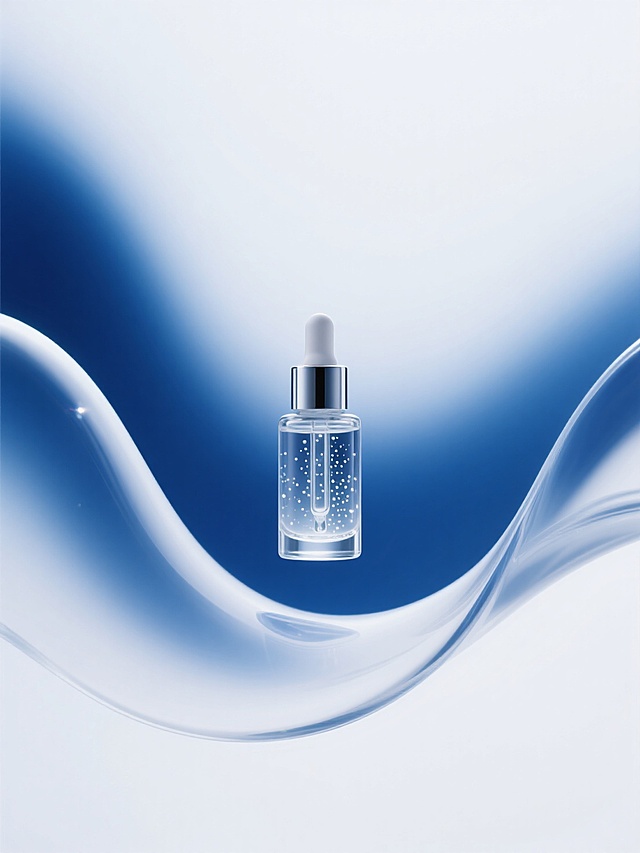一个护肤精华悬浮在空中，周边环绕着蓝色白色渐变的流线型液态玻璃，玻璃上有微微闪动的粒子，低饱和度蓝白渐变背景，科技感风格