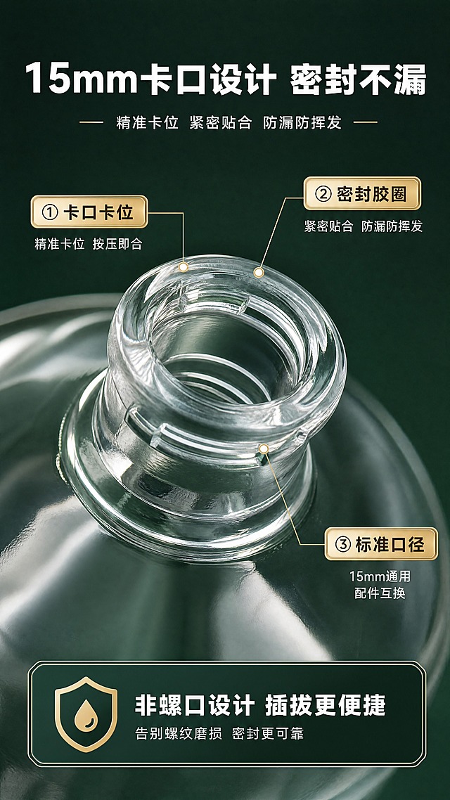 [商品] 使用【图9】瓶口特写图；重点保留15mm卡口瓶口结构（非螺口），卡口的卡槽、卡位细节与原图一致；瓶身玻璃材质、透明感保留；严禁生成螺口/螺纹瓶口。
[画面] 第5张卡口密封结构页，目标突出15mm卡口设计的密封优势；中心构图，瓶口大特写占据画面主体，清晰展示卡口结构细节，产品占画面60%；墨绿色高级背景，瓶口高光清晰，结构细节锐利可见；周围用引线标注关键部位。
[视觉] 套系策略：风格=1688工厂批发风·高级商业摄影；标题字=粗黑体；正文字=简洁黑体；主色=墨绿+透明玻璃+金属金/银/黑；背景延展=基于墨绿色做深浅渐变、同色系明暗层次和细腻哑光质感；强调色=香槟金，仅用于小面积图标、引线和标签；标题色=白色；正文色=浅灰白；组件=圆角信息卡、细线引线、金属质感标签；光影=侧光突出卡口结构立体感，高光边缘清晰，细节锐利。
[文字] 顶部主标题"15mm卡口设计 密封不漏"，三个结构卖点引线标注：①卡口卡位（精准卡位 按压即合）②密封胶圈（紧密贴合 防漏防挥发）③标准口径（15mm通用 配件互换）。底部补充"非螺口设计 插拔更便捷"。文字均为横排。
[规格] 图片比例9:16竖版，4K，避免螺口瓶口、螺纹瓶口、瓶口结构错误、文字竖排、模糊不清、极限词。