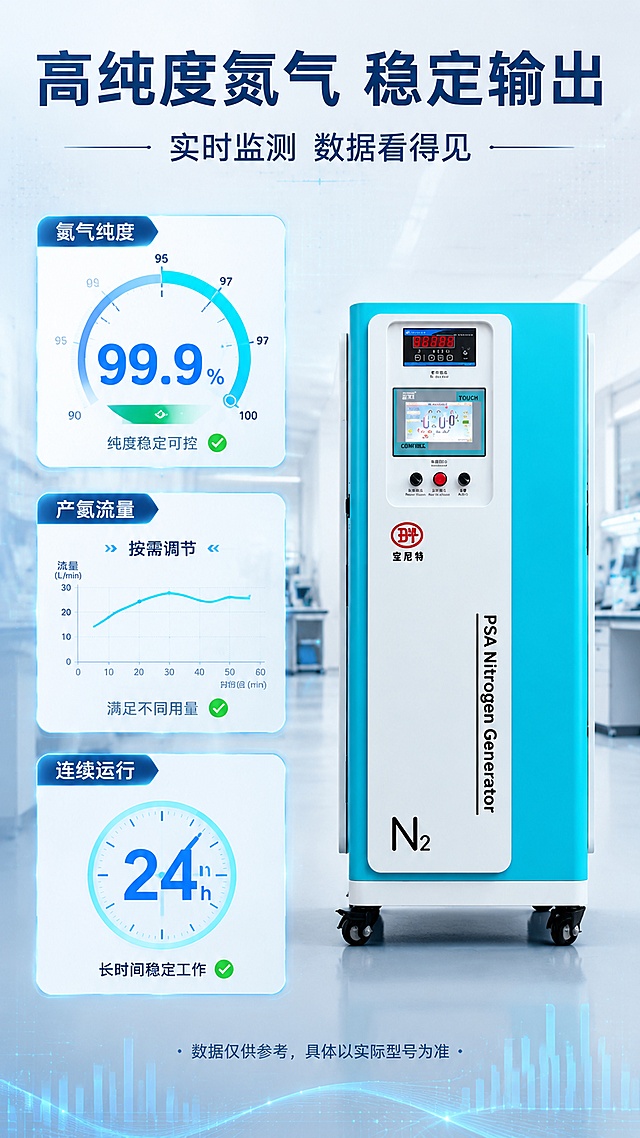 [第5屏] 详情页功能实测-高纯度氮气稳定输出。本屏使用【图5】蓝白立式触屏款制氮机正面作为产品主体。
[氛围/风格] 工业科技风，实验室场景氛围，数据可视化，专业可信，淘宝天猫详情页实测屏。
[元素布局] 产品置于画面右侧，占比约50%，正面展示，蓝白配色、触控屏、数显屏、按钮、宝尼特logo、PSA Nitrogen Generator字样、N₂标识、底部滚轮均与输入图一致；左侧为实测数据区，包含纯度仪表盘、流量曲线、运行时长数据卡；背景为实验室/车间虚化场景，有淡色数据网格。
[光影质感] 右侧产品正面受光均匀，触控屏有高光反射；左侧数据卡片发光效果，整体明亮专业。
[配色色系] 全局底色 #E8F1F8 浅蓝灰；主色深蓝 #023E8A；辅助色青蓝高亮、白色数据卡、绿色达标指示；清爽数据风。
[视角构图] 左右分栏，右产品左数据，阅读动线顶部标题→左侧数据指标→右侧产品展示。
[文字版式] 顶部主标题「高纯度氮气 稳定输出」，副标题「实时监测 数据看得见」；左侧3个数据卡片上下排列：①「氮气纯度」配大数字仪表盘样式「99.9%」+小字「纯度稳定可控」；②「产氮流量」配曲线图标「按需调节」+小字「满足不同用量」；③「连续运行」配时钟图标「24h」+小字「长时间稳定工作」；底部加一行说明「数据仅供参考，具体以实际型号为准」；文字层级分明，数字醒目。
[比例分辨率] 9:16 竖版比例，4K分辨率，文字清晰可辨，高清画质。
[负向提示词] 机身变形，缺件错件，颜色偏差，水印，文字错乱，产品图模糊，数据虚构夸大，绝对化用语。