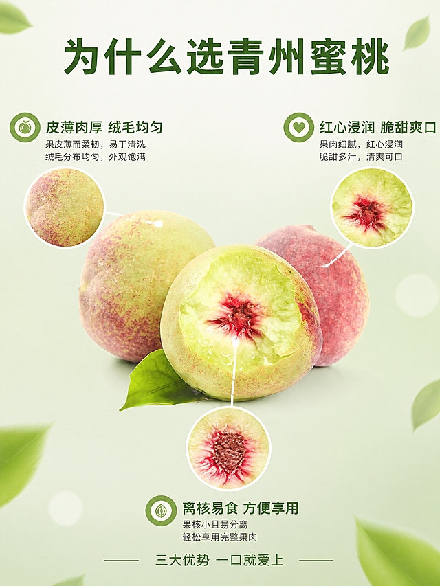 [第4张] 详情页核心卖点拆解-青州蜜桃三大核心理由引线标注。本张使用【图1】作为商品主体。
[氛围/风格] 清新信息图风格，简洁明了，专业可信，商业摄影质感。
[元素布局] 画面中央一颗完整青州蜜桃+半颗切开的蜜桃组合摆放，周围用极细的白色虚线引线连接三个卖点区域，分别指向果皮、果肉、果核部位。背景为浅绿渐变，点缀几片桃叶和光斑，整体干净清爽。**保持青州蜜桃外观与输入产品图一致，杜绝任何变形和色差，精细化处理**。商品主体占比约50%。
[光影质感] 顶部柔光均匀照明，桃子立体感强，阴影柔和，整体明亮干净，突出产品细节。
[配色色系] 全局底色浅薄荷绿渐变；主色果绿+蜜桃粉；辅助色白色引线、深绿文字；强调色红心红。
[视角构图] 正面平视角度，主体桃子居中，三个卖点呈三角形分布在周围，阅读动线围绕中心产品展开。
[文字版式] 顶部居中大字「为什么选青州蜜桃」，粗黑体深绿色；下方三条引线卖点：左上「皮薄肉厚 绒毛均匀」配果皮特写小图，右上「红心浸润 脆甜爽口」配果肉特写小图，底部「离核易食 方便享用」配果核特写小图；每条卖点配图标+标题+小字说明，文字清晰。底部小字「三大优势 一口就爱上」。
[比例分辨率] 3:4竖版比例，4K分辨率，文字清晰可辨，高清画质。
[负向提示词] 变形，水印，文字错乱，文字过小，产品图模糊，背景杂乱，电商平台Logo。