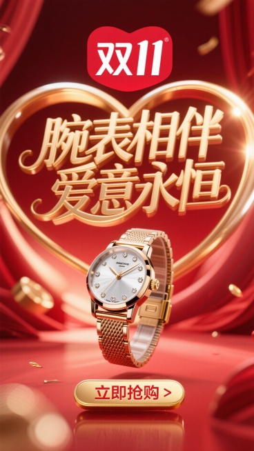 商业摄影风格，比例 16:9。以鲜艳的红色为背景，营造热烈氛围。画面正中央是巨大且优雅的主标题 “腕表相伴 爱意永恒”，采用金色立体艺术字体，笔画粗细变化富有韵律，表面有细腻的光泽质感，像是被柔和灯光预览效果
