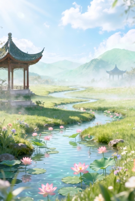 让小溪流水变得缓慢一点，添加一些荷花荷叶到溪流中，离镜头近的溪流拓宽一些，保留原图中的亭子、远山、花草、另一处亭子所有其他元素不变，保持画面整体风格唯美清新，光影通透，色调自然清新预览效果