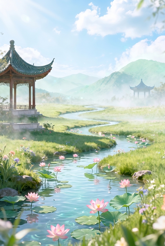 让小溪流水变得缓慢一点，添加一些荷花荷叶到溪流中，离镜头近的溪流拓宽一些，保留原图中的亭子、远山、花草、另一处亭子所有其他元素不变，保持画面整体风格唯美清新，光影通透，色调自然清新