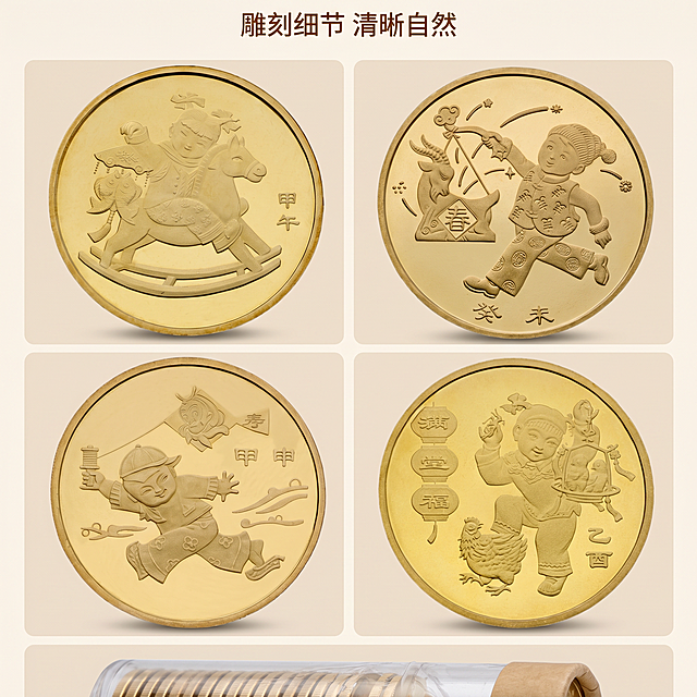 [主图 3] 纪念币正面雕刻细节特写拼图主图。
[氛围风格] 专业钱币细节展示，高清质感；
[画质] 商业摄影质感、光线柔和通透、产品清晰真实、画面干净高级。
[元素] 四张不同年份纪念币的正面特写分四宫格排列展示，挑选龙马羊猴四枚纪念币各占一格，每个特写清晰展示雕刻纹理和年份文字，保持纪念币本身黄铜金色泽和雕刻细节，与输入产品图保持绝对一致，杜绝任何变形和色差，精细化处理每个雕刻细节。页面底部留出区域展示原卷包装局部。
[光影] 每个纪念币分区都使用柔和侧光，突出浮雕凹凸纹理，雕刻细节清晰锐利，明暗对比适中。
[配色] 浅米白色背景，突出纪念币本身的金色黄铜质感，整体干净统一。
[视角构图] 每个特写都是平视正对角度，四宫格均匀分割，构图规整清晰。
[文字版式] 画面顶部添加小标题"雕刻细节 清晰自然"，小号深棕色居中，不遮挡纪念币主体。
[比例分辨率] 1:1 比例，2k 分辨率；文字清晰锐利，画面超高清。
[负向提示词] 变形，水印，文字错乱，产品图模糊，背景杂乱，遮挡纹理，色差，拼接错位。