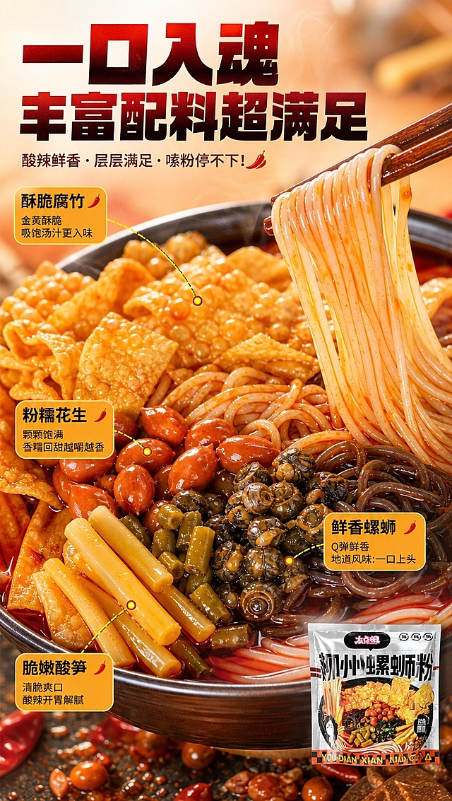 [商品] 使用【图1】友点闲螺蛳粉包装图作辅助；本页以煮好的螺蛳粉口感质地特写为主，产品包装小图放角落。
[画面] 目标：口感质地特写页，红油汤底、腐竹花生、酸笋螺蛳等丰富配料细节；构图：一碗盛满的螺蛳粉占据画面中心70%，微距俯拍，红油汤汁泛着光泽，表面铺满金黄炸腐竹、花生米、酸豆角、酸笋段、螺蛳肉、木耳丝，筷子夹起一筷子米粉带起红油汤汁，动态瞬间；景别：微距特写；阅读动线：从中心向四周；前中后景：前景筷子夹粉、中景螺蛳粉碗特写、后景虚化暖光背景。
[视觉] 套系策略：风格=国潮市井食欲风商业摄影；标题字=粗黑体免费商用字体（思源黑体Heavy），带轻微麻辣红渐变；正文字=思源黑体Regular；主色=麻辣红+橙黄；背景延展=基于红橙暖色调做深浅层级、渐变晕染和蒸汽/油光质感；强调色=亮黄色，仅用于小面积图标、引线和标签；标题色=深麻辣红；正文色=深棕灰；组件=圆角橙底信息卡、虚线引线、辣椒图标；光影=左前侧暖红光，突出红油光泽与食材立体感。
[文字] 画面上方主标题「一口入魂 丰富配料超满足」，画面四周用引线标注4个配料特写说明：「酥脆腐竹」「粉糯花生」「脆嫩酸笋」「鲜香螺蛳」；文字横排，不遮挡主体米粉和汤汁；短句口感词，有食欲感。
[规格] 图片比例9:16竖版，4K分辨率，负向提示：避免变形、错字、文字过小、冷蓝背景、配料虚假、极限词。