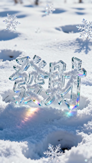 背景是皑皑白雪个别特写的雪花：前景是晶莹剔透“发财”蓬松雪花繁体字，冰雕雪花纹理描边，多层冰块玻璃质感叠加有一定厚度，重重的扎在松软白茫茫的雪地里，文字四周有深深的凹痕，有道光线照射在边缘上，文字折射预览效果