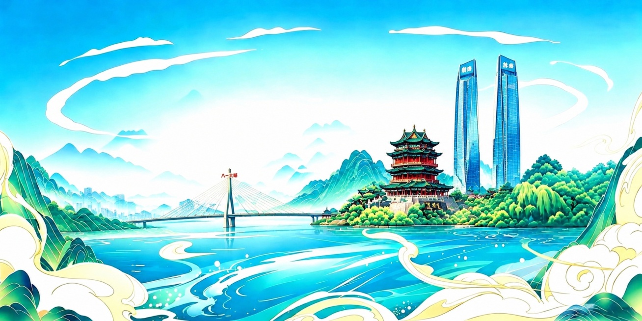 在图片右侧的树木和山地区域，添加南昌标志性建筑滕王阁、绿地双子塔和八一大桥，保持原图的国潮山水风格、配色和绘画方式不变，自然融入原有画面预览效果