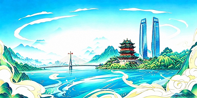 在图片右侧的树木和山地区域，添加南昌标志性建筑滕王阁、绿地双子塔和八一大桥，保持原图的国潮山水风格、配色和绘画方式不变，自然融入原有画面