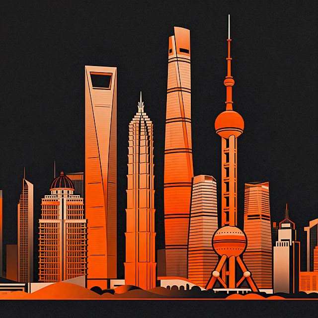 上海陆家嘴四件套（上海中心、环球金融中心、金茂大厦、东方明珠塔）的简约图形设计，采用橙色渐变色调，现代抽象风格，线条简洁明快，色彩过渡自然平滑