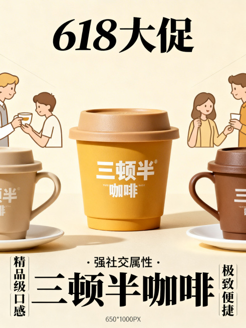 淘宝618促销海报，商品是三顿半咖啡，商品核心卖点：精品级口感，极致便捷，强社交属性，温馨风格，遵循平衡对称原则、黄金比例构图，突出主次重心，合理运用留白，添加促销文案"618大促"和"三顿半咖啡"，预览效果