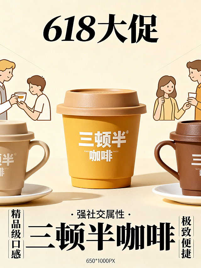 淘宝618促销海报，商品是三顿半咖啡，商品核心卖点：精品级口感，极致便捷，强社交属性，温馨风格，遵循平衡对称原则、黄金比例构图，突出主次重心，合理运用留白，添加促销文案"618大促"和"三顿半咖啡"，尺寸750*1000px
