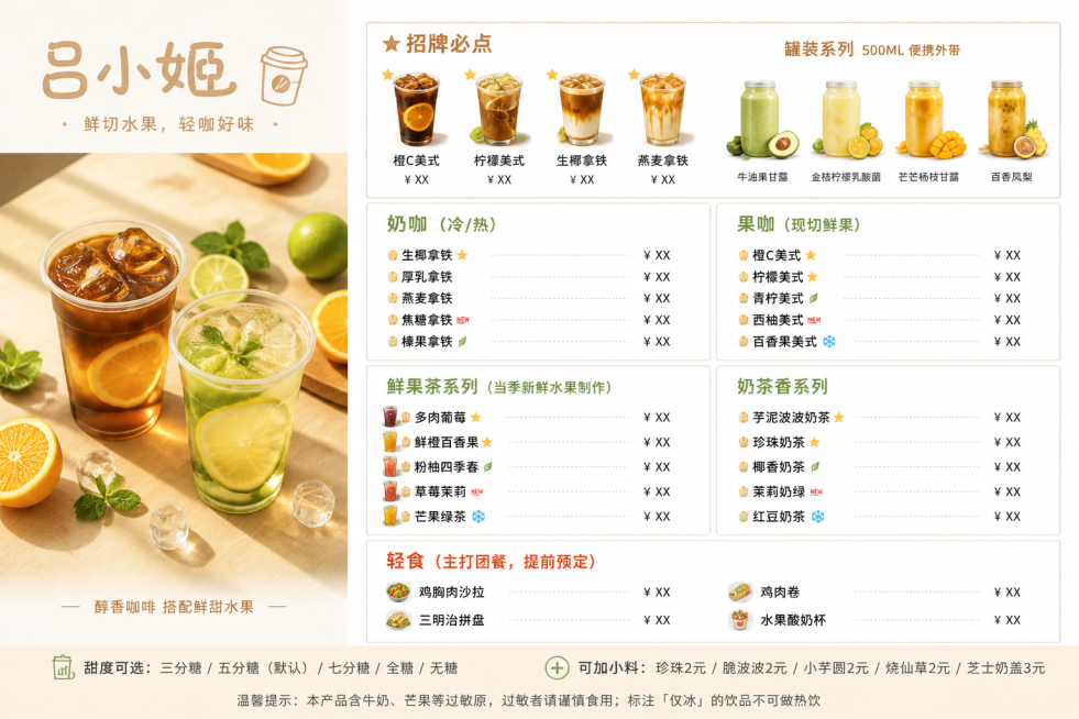 商业饮品菜单设计，品牌名“吕小姬”，核心主题“鲜轻果咖”，治愈系原木风，整体温暖舒适、干净高级，适配社区饮品店。背景：浅橡木纹理浅米色背景，带极淡的纸张肌理，无多余装饰。色调：主色调为浅原木色+米白色预览效果