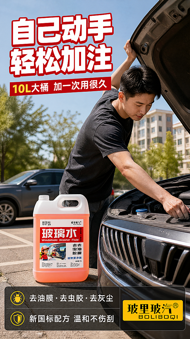 [商品] 使用【图1】玻里玻汽10L装去虫胶去油膜玻璃水；保留方桶造型、白色提手盖、橙粉色透明液体、红色主标签、品牌名与产品文字；瓶身结构、颜色、材质、标签内容与输入图一致，杜绝变形和色差。产品放在引擎舱旁地面上，光影随户外环境自然融入。
[画面] 目标：人物使用场景页，真人加注玻璃水操作。画面为户外停车场/小区场景，一名亚洲男性车主正在打开汽车引擎盖，准备加注玻璃水，手放在引擎盖前缘；产品桶放在车旁地面上，占比约25%；背景是停着的汽车和户外环境，阳光明媚；人物为上半身，动作自然真实。阅读动线：人物操作 → 产品 → 场景氛围。
[视觉] 套系策略：风格=抖音电商强冲击商业摄影风，动感有活力；标题字=粗黑无衬线体，大号醒目；正文字=简洁黑体；主色=橙红色系；背景延展=户外自然光场景；强调色=金黄色，仅用于图标、标签；标题色=白色带红边；正文色=白色；组件=半透明黑底信息条；光影=自然日光，人物和产品有真实光影，整体明亮生活感。
[文字] 左上角主标题「自己动手 轻松加注」，白色粗黑体带红边；副标题「10L大桶 加一次用很久」；底部半透明黑色信息条写「去油膜·去虫胶·去灰尘」「新国标配方 温和不伤刮」；右下角角标「玻里玻汽®」。
[规格] 9:16竖版比例，4K分辨率，文字清晰可辨。负向：产品变形，颜色偏差，水印，文字错乱，人物面部扭曲，手部畸形，产品悬浮，极限词。