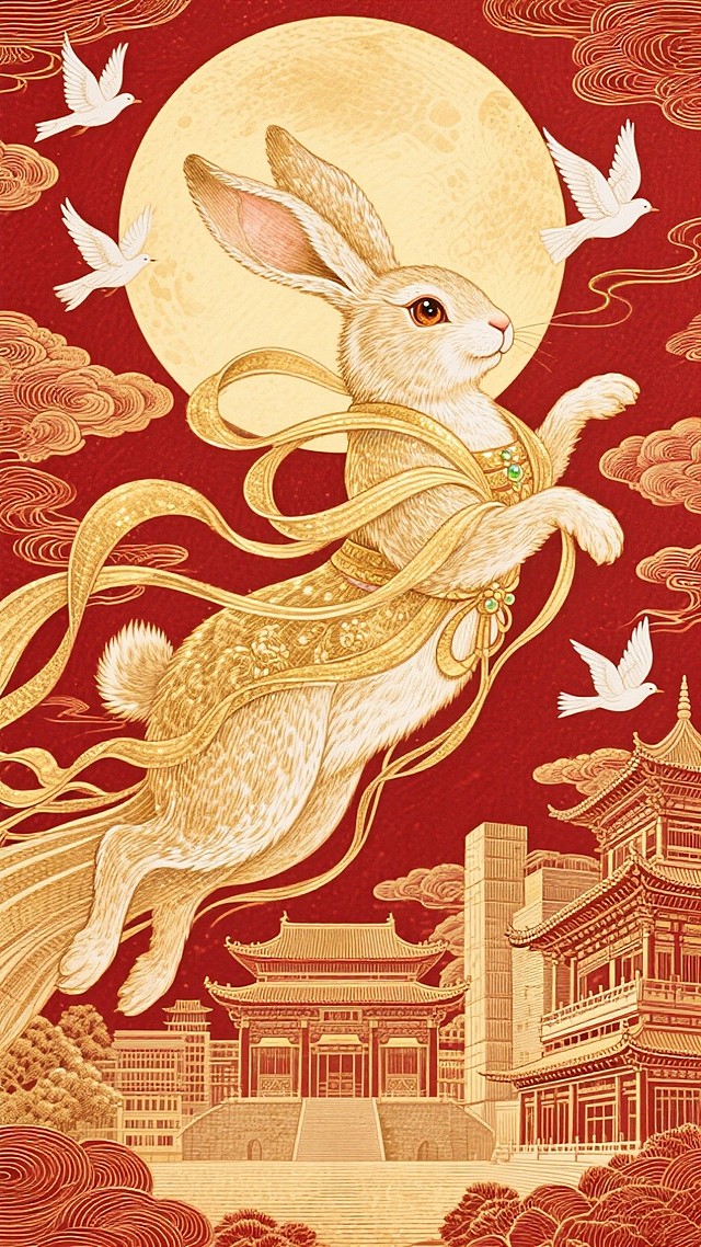 一只巨大的玉兔（穿着嫦娥的服饰）呈飞天姿势，兔子眼睛珠光效果，浑身金色发光拉丝效果，白鸽飞舞与兔子具有互动，底部微缩的繁华的中式+现代的建筑群后，祥云环绕，背后巨大的月亮，非常规构图，金色+红为主色调