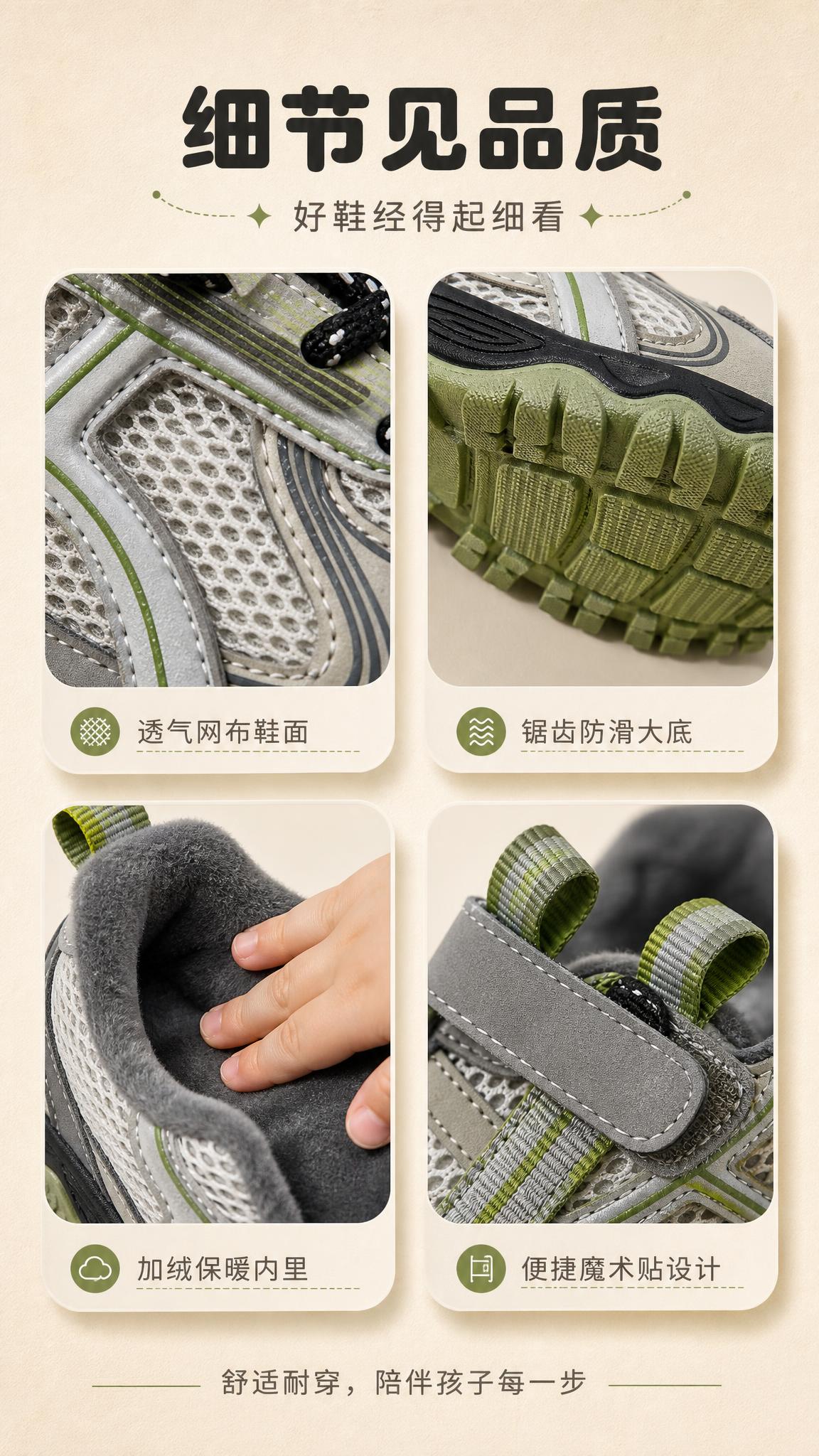 [商品] 使用【图1】灰绿款儿童运动鞋；保留网布鞋面、皮革拼接… - 图片创意预览