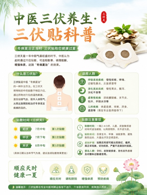 设计一张微信公众号三伏天科普贴图，比例3:4，内容是中医三伏养生科普，包含三伏贴知识介绍，标题"中医三伏养生·三伏贴科普"，风格清新健康，配色舒服明亮，排版清晰易读预览效果