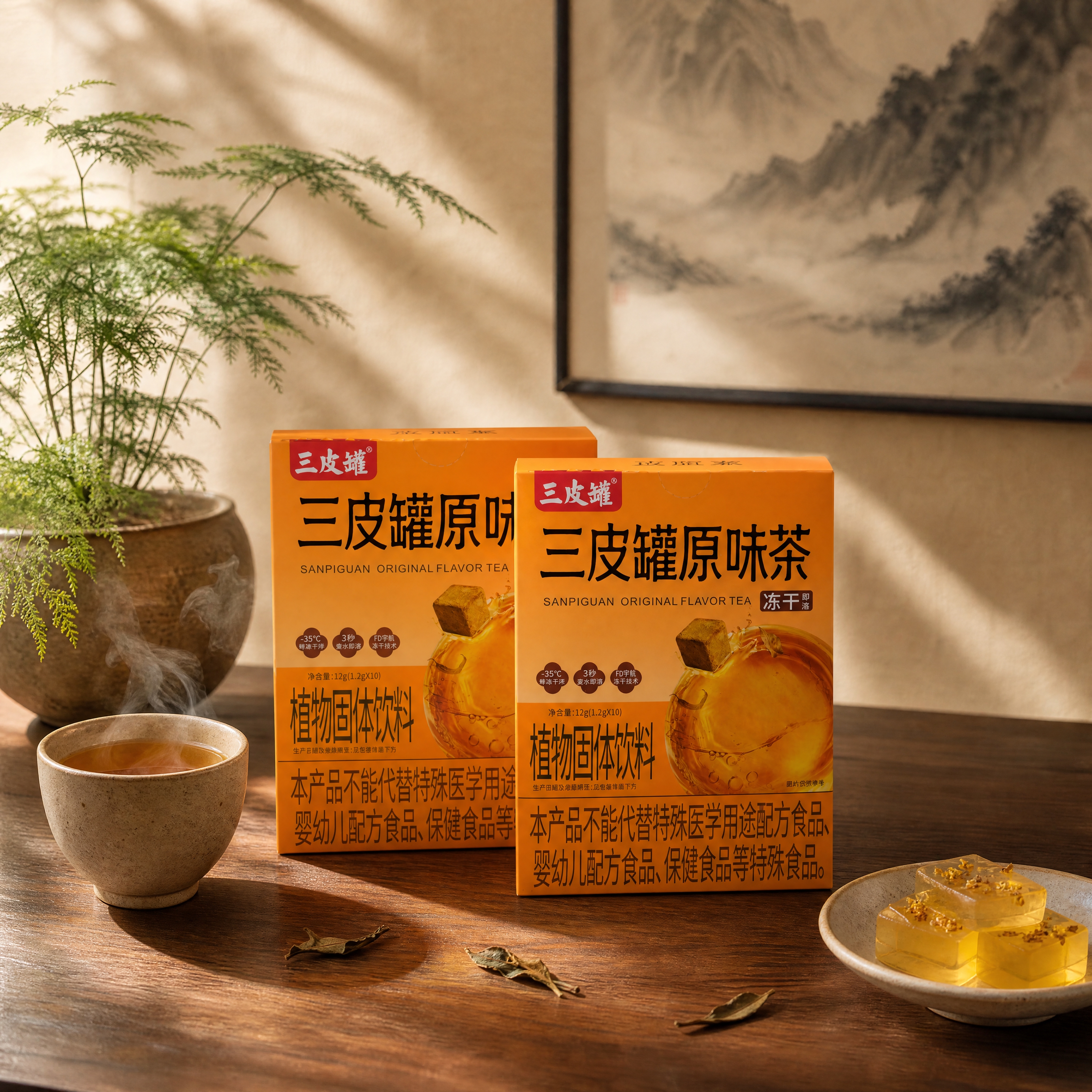 超写实商业产品摄影。 主体：三皮罐原味茶橙色包装盒严格参照上传… - 图片创意预览
