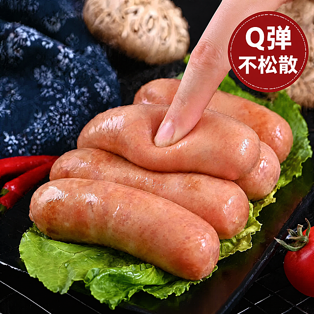 [主图-5] 原味肠弹性测试展示，保持产品一致，按压突出Q弹回弹，右上红标「Q弹不松散」，1:1，4K，文字清晰，负向：变形水印模糊。