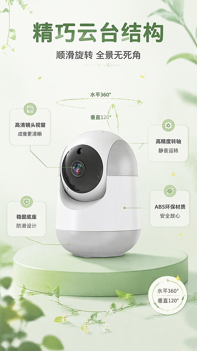 [第4张] 详情页核心结构解析-360°云台结构原理。本张使用【图2】侧视角度作为主体，保持产品外观结构与原图一致，小清新风格。
[氛围/风格] 小清新科普风，浅绿白背景，柔和手绘标注，清新专业，商业渲染质感。
[元素布局] 产品侧视图（【图2】）置于画面中央，放在一个浅薄荷绿色圆形台面上，占比约48%；周围用柔和的曲线引线标注关键结构部位；上方有半透明的淡绿色云台旋转轨迹弧线示意；左右两侧分布圆角结构说明卡片；背景有淡淡的植物藤蔓和小叶子装饰点缀。
[光影质感] 产品正面柔光，侧逆光勾勒轮廓，结构清晰，立体感强，整体暖色调清新光感。
[配色色系] 全局底色 #F1F8E9（浅绿白）；主色产品白灰色；辅助色 #AED581（浅绿）+ #FFD54F（浅黄点缀）；文字色深绿+深灰。
[视角构图] 侧面45°视角，产品居中，阅读动线从产品向四周扩散阅读标注信息。
[文字版式] 顶部主标题「精巧云台结构」，深绿色圆润黑体；副标题「顺滑旋转 全景无死角」，深灰细圆体；从产品引出4条曲线标注线：1.指向镜头区域「高清镜头视窗 成像更清晰」2.指向云台转轴「高精度转轴 静音运转」3.指向底座「稳固底座 防滑设计」4.指向外壳主体「ABS环保材质 安全放心」；标注文字深灰，引线浅绿色；右下角小圆形图标+文字「水平360° 垂直120°」；文字不遮挡产品关键结构。
[比例分辨率] 9:16竖版比例，4K分辨率，文字清晰可辨，高清画质。
[负向提示词] 产品变形，结构错误，颜色偏差，水印，文字错乱，文字过小，背景杂乱，产品模糊，深色科技感，冷色调。