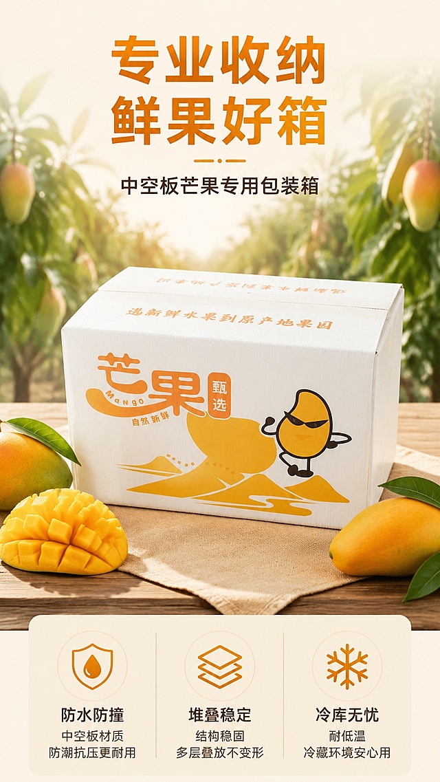[第1屏] 详情页头图-中空板芒果包装箱产品宣传海报。本屏使用【图1】作为商品主体。
[氛围/风格] 专业工业风，清新明亮，突出包装坚固质感，商业摄影质感，自然真实。
[元素布局] 中空板芒果包装箱放在画面中央，占比约65%；背景搭配自然果园氛围，前景增加少量芒果点缀，产品结构、包装图案和颜色与输入产品图保持一致。
[光影质感] 正面柔和主光，侧后方补光，底部自然投影，整体光影通透，突出产品立体轮廓。
[配色色系] 全局底色 #F5F0E1，主色白色箱体搭配橙黄标识色，辅助色草木绿背景。
[视角构图] 正面45°斜视角，产品为绝对视觉中心，阅读从上到下，动线清晰。
[文字版式] 主标题在画面上方「专业收纳 鲜果好箱」，副标题「中空板芒果专用包装箱」，底部信息区展示三大卖点：防水防撞、堆叠稳定、冷库无忧，每个卖点搭配小图标，文字不遮挡产品主体，字号清晰适配移动端。
[比例分辨率] 9:16 竖版比例，4K 分辨率，文字清晰可辨，高清画质。
[负向提示词] 箱体变形，包装文字错乱，缺件错件，颜色偏差，水印，文字过小，背景杂乱。