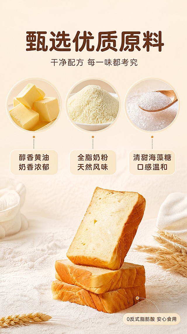 [商品] 使用【图1】牛奶吐司切片产品；保留吐司金黄外皮、奶白色内芯、气孔纹理和真实面包质感；去除图片水印与网格线，吐司作为产品佐证置于画面底部中央，占比约25%。
[画面] 页面目标：优质原料与干净配方展示，突出黄油、奶粉、海藻糖三大核心原料。构图：顶部标题区，中部三个圆形原料特写图标横向等距排列（分别为黄油块、奶粉堆、白色糖晶体），每图下方配文字说明；底部吐司产品承接；背景为奶杏色细腻台面，浅面粉质感铺垫，整体干净明亮，三层视觉层次。
[视觉] 套系策略：风格=暖调奶杏色高级食品商业摄影风；标题字=现代无衬线粗体（圆润亲和）；正文字=简洁无衬线体；主色=奶杏米白；背景延展=基于奶杏米白做深浅渐变、同色层次和细腻面粉/纸张质感；强调色=暖金棕，仅用于小面积图标、引线和标签点缀；标题色=深棕咖；正文色=中暖棕；组件=圆角浅底信息卡、细线引线、奶白色胶囊标签；光影=正上方暖柔光，柔和均匀。
[文字] 顶部主标题「甄选优质原料」，副标题「干净配方 每一味都考究」；中部三图下方分别标注「醇香黄油 奶香浓郁」「全脂奶粉 天然风味」「清甜海藻糖 口感温和」；底部吐司旁加小字「0反式脂肪酸 安心食用」；文字均横向排版。
[规格] 图片比例9:16竖版，4K分辨率，负向提示：避免变形、错字、文字过小、水印、冷蓝背景、原料质感虚假、面包颜色改变、绝对化用语、进口字样。