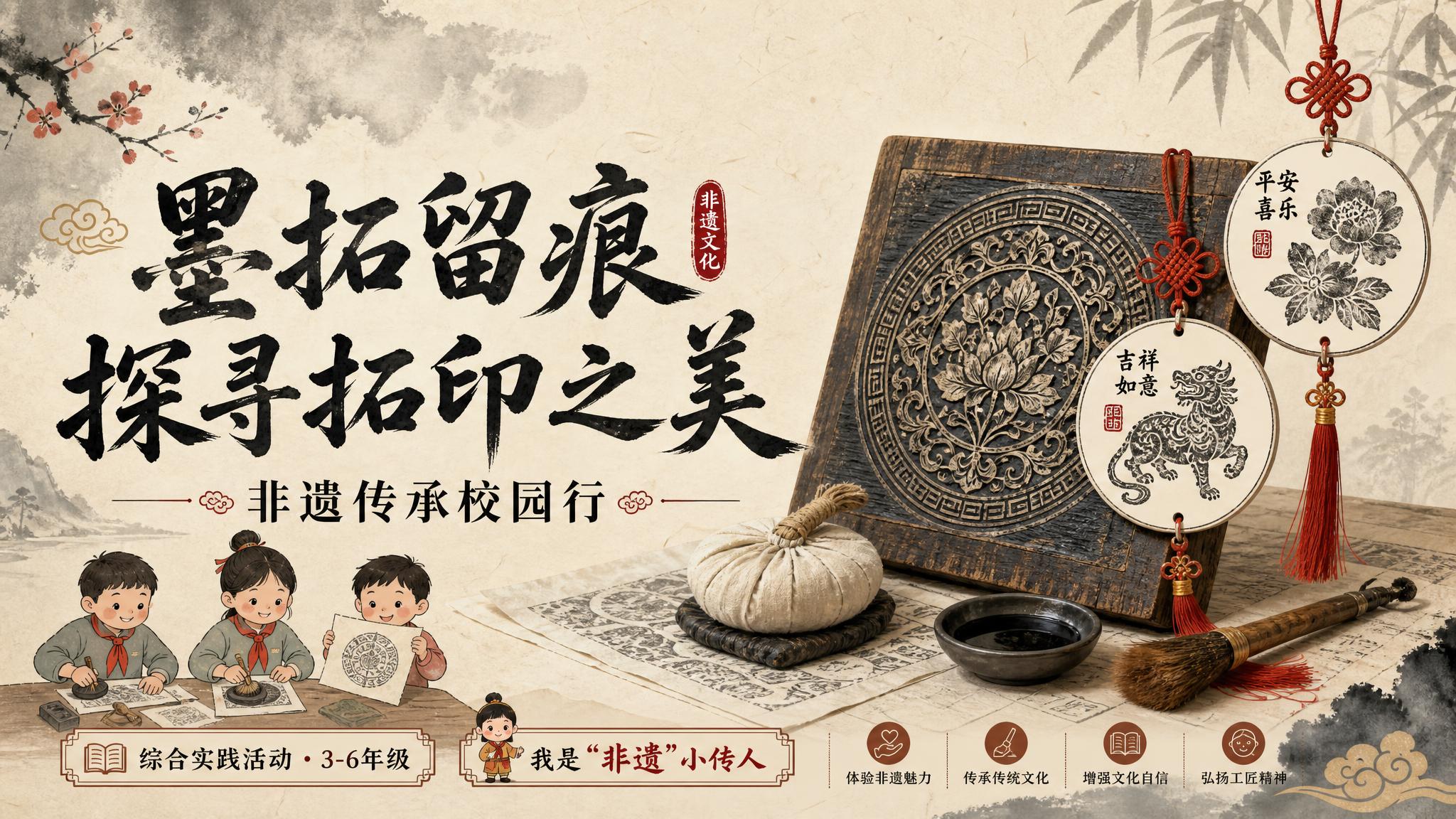 国风新中式工笔风格横版课程封面海报，主题为非遗拓印文化进校园。… - 图片创意预览