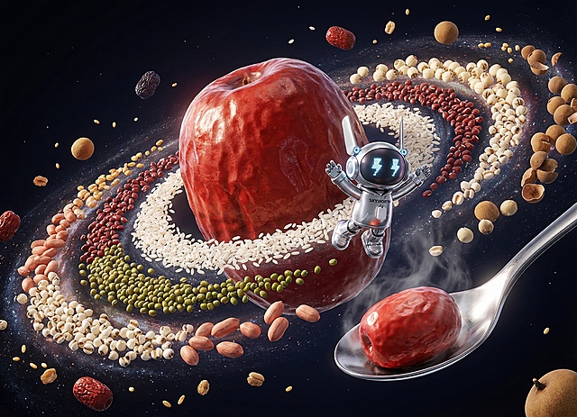 未来感与科技感交织，3D重拟物风格呈现宇宙级粥品星球，粒子环绕、金属质感勺子托起红枣，梦幻而富有体积感的视觉奇观。