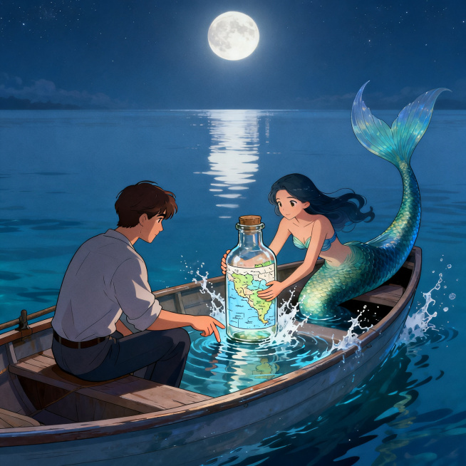 一个月夜，海面如镜。男人独自坐在小船里，面前放着一个装着手绘海洋修复地图的玻璃瓶。他的手指在水面轻点，片刻之后，水面破开，美人鱼悄然从水中出现。男人看着她爬上船，将瓶子珍重地交到她手中，而不是扔进海里预览效果