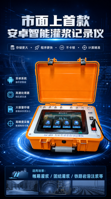 抖音9:16竖版海报，商品是CJ-GS9智能型灌浆自动记录仪，主标题："市面上首款安卓智能灌浆记录仪"，副标题突出卖点：存储更大、程序更快、不卡顿、计算精准。背景采用深蓝色工业科技风，展示产品实物图，预览效果