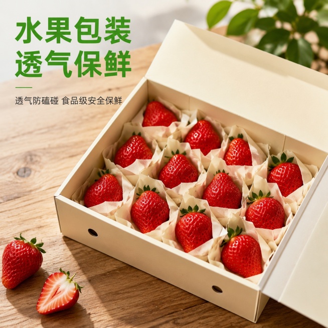 [主图-9] 水果包装场景展示
[氛围风格] 新鲜自然，突出安全保鲜
[画质] 商业摄影质感，清新自然
[元素] 草莓礼盒包装，每颗草莓用薄页纸单独包裹，整齐摆放在礼盒中，展示透气保鲜防磕碰的使用效果预览效果