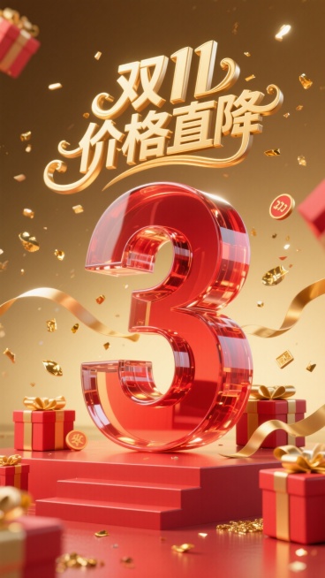 巨大的红色玻璃立体字 “3” ，上方搭配金色 “双11价格直降” 艺术字。周围环绕红金礼盒、金色丝带、碎金片、双11元素，背景为金色渐变，底部有红色阶梯展台，整体风格热烈喜庆预览效果
