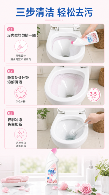[第4屏] 使用步骤流程演示，三步骤展示洁厕液正确使用方法，清晰易懂。
[氛围/风格] 明亮清新教学风格，步骤清晰，场景真实，温馨家居感。
[元素布局] 画面从上到下分为三个步骤模块，每个模块占画面约预览效果