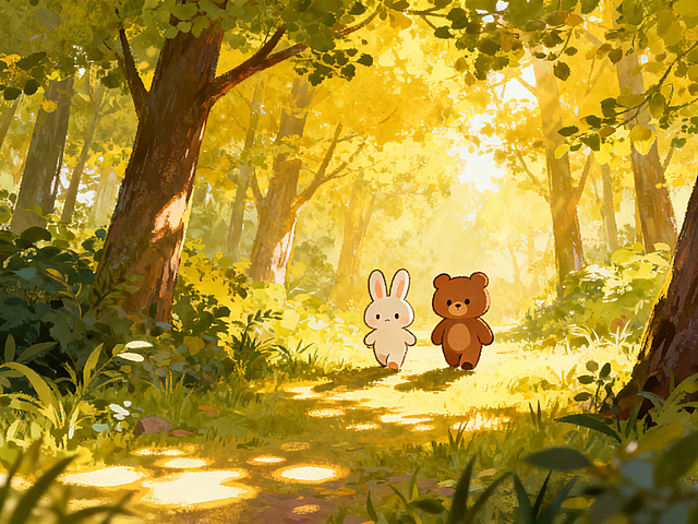 可爱的兔子和小熊在郁郁葱葱的森林里散步，温暖柔和的阳光透过树叶洒下斑驳光影，氛围治愈温馨