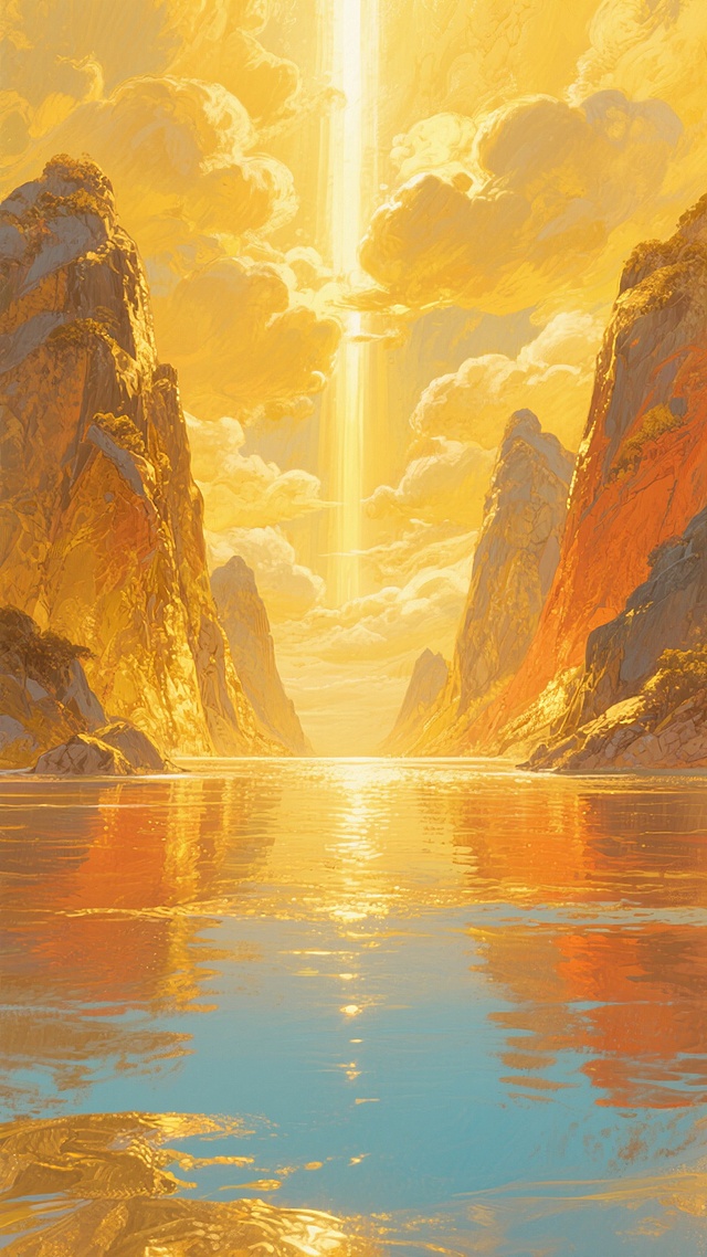 一幅具有鎏金国风元素的插画，画面整体配色以金色、黄色、橙色为主，天空呈现出明亮的金黄色，云层厚重而富有层次感，阳光透过云层洒下，形成耀眼的光芒。两侧是高耸的山峰，山峰的颜色为金黄色和橙色，表面有岩石的纹理，山峰的轮廓清晰，边缘有柔和的光影过渡。山峰之间是一片开阔的水域，水面呈现出金色和橙色的倒影，波光粼粼。水面下方是浅蓝色的区域，与上方的金色形成鲜明的对比。整个画面采用了油画般的厚重笔触，色彩浓郁，光影效果强烈，营造出一种庄严、神圣而又温暖的氛围。
