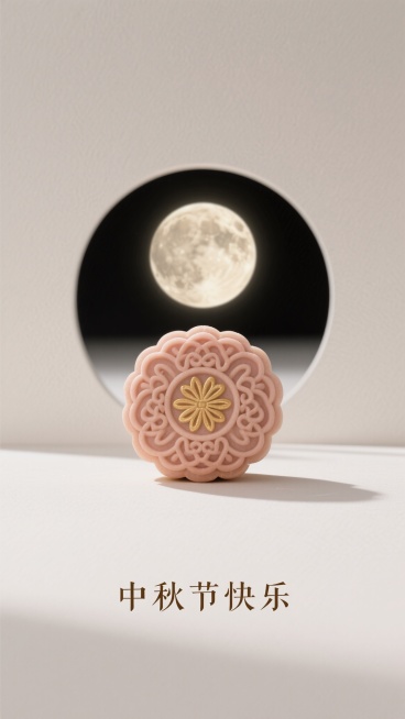 现代极简主义中秋节海报，中心是一个带有精美印花图案的精致月饼，月饼中央有圆形镂空，镂空处露出背后的满月，简约优雅，配色为哑光粉、米色、金色，干净带有细微纹理的背景，画面下方有“中秋节快乐”完整文案，平预览效果