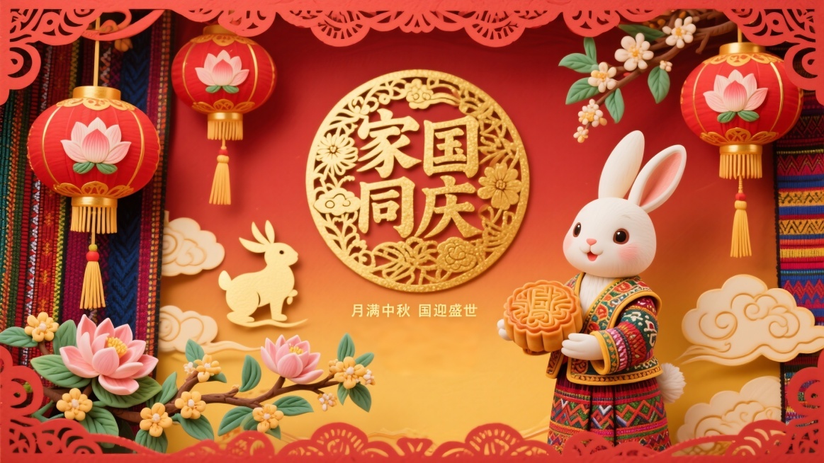 非遗材质融合，傣锦织锦背景，中国红到金黄渐变，带热带花卉祥云图案与面塑肌理，边缘剪纸波浪纹；剪纸红金灯笼群，面绘傣锦莲花祥云，穗子面塑流苏，傣锦彩带，绣剪纸玉兔剪影，剪纸桂树枝；面塑玉兔，身饰傣锦花纹预览效果