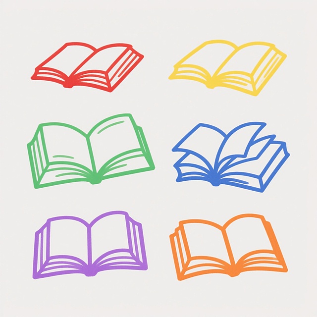 白色背景上，六个造型完全不同但元素内容保持一致的打开书本系列素材集合规整排布。每个书本均采用简约流畅的单色线条手绘风格，线条色彩各异，分别为正红色、明黄色、草绿色、宝蓝色、紫色和橙色，线条粗细均匀，边缘清晰，无填充色块，仅通过线条勾勒出书本翻开的不同动态造型，包括书页向不同方向舒展、翻折角度各异、开合程度有别的姿态，整体构图平衡，单个书本形象简洁明了，六个图案呈两行三列整齐排列，保持统一的手绘线条风格和视觉简洁性。