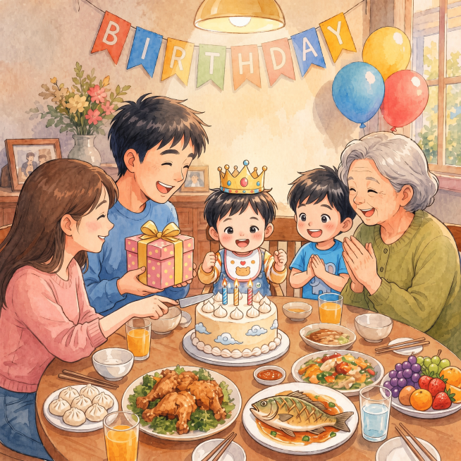 修改当前图生日主角（小仙君）的外貌形象，完全参照第二张图的样子：短黑发，圆圆的脸蛋，简单金色生日皇冠，穿着和神态都和参考图一致，替换当前图里穿官服的形象，其他人物位置和餐桌布置保持不变，保留水彩漫画风预览效果
