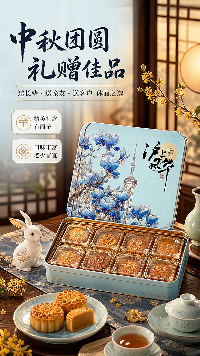 [商品] 使用【图1】老香斋沪上风华月饼礼盒，浅蓝色圆角铁盒包装，蓝色玉兰花与上海建筑插画，"沪上风华"字样，"老香斋"Logo；保留礼盒外观不变。
[画面] 详情页第4张·场景种草，目标展示中秋送礼与家庭分享场景。沉浸式场景构图，中式客厅餐桌场景，礼盒打开摆放于餐桌中央，旁边有茶杯、月饼盘、玉兔摆件、桂花枝等中秋元素，背景为暖黄色灯光的中式窗格，营造温馨团圆氛围；礼盒占画面40%，打开状态可见内部月饼排列。
[视觉] 套系策略：风格=国潮新中式高级商业摄影；标题字=书法体+宋体组合；正文字=简洁宋体；主色=浅天青蓝；背景延展=基于浅天青蓝做深浅层级、同色渐变和细腻宣纸/云雾质感；强调色=鎏金色，仅用于小面积图标、引线、标签和装饰线条；标题色=深墨蓝；正文色=中暖灰；组件=圆角浅底信息卡、细金线引线、中式云纹装饰；光影=暖黄色侧光，温馨柔和。
[文字] 左上角主标题"中秋团圆 礼赠佳品"，副标题"送长辈·送亲友·送客户 体面之选"，下方2个短卖点：「精美礼盒 有面子」「口味丰富 老少皆宜」，文字不遮挡礼盒主体。
[规格] 图片比例9:16竖版，2K分辨率，避免变形、错字、礼盒颜色改变、场景违和。