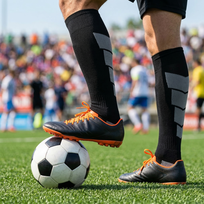特写镜头，男人的双腿穿着图片上的足球袜和橙色鞋带的足球钉鞋，站在绿色人造草足球场上，一只脚踩着经典的黑白足球，背景是模糊的足球场景、充满活力的氛围，高分辨率体育摄影，焦点清晰地落在足球袜和钉鞋上。预览效果