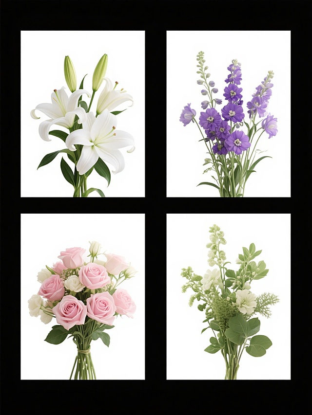 四张规整排布的现代简约风格花卉素材，每张素材均为不同种类的鲜花花簇，包含白色百合、粉色玫瑰、紫色飞燕草及绿色叶材等，花卉造型自然饱满，色彩清新雅致，层次丰富，细节清晰，整体置于纯净的白色纯色背景上，无任何文字、logo及水印，画面简洁干净，突出花卉主体的自然美感与设计感。