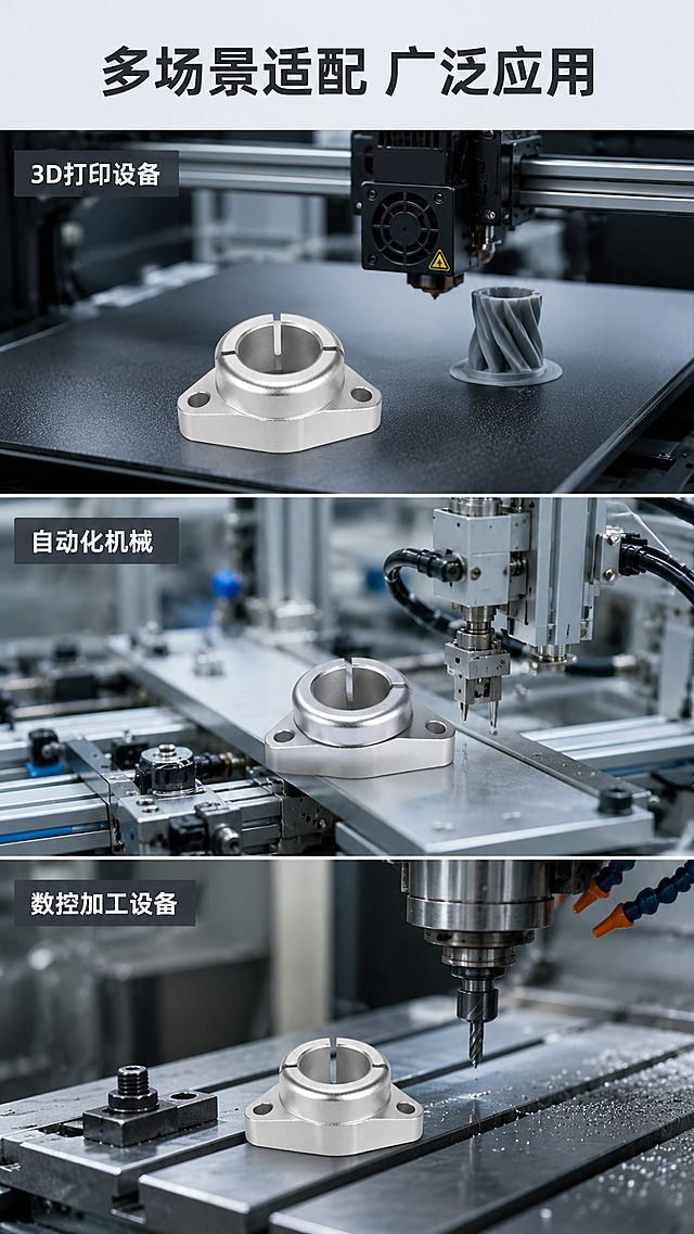 [第5屏] 多场景适配展示，SHF光轴支撑座适配多种工业自动化场景。[氛围/风格] 场景拼贴展示，真实工业环境，专业科技质感。[元素布局] 顶部标题区，下方分三格展示不同应用场景，每个场景都包含支撑座产品和对应场景背景。保持产品结构材质颜色与原图一致，每个场景放置一款产品：第一个场景为3D打印机工作台、第二个为自动化机械设备、第三个为数控雕刻机床。每个场景区域占比约1/3，产品清晰置于场景中合适位置，场景背景虚化突出产品。画面至少包含3种不同场景元素，整体无边框满铺。[光影质感] 每个场景光影自然，符合环境光照特点，产品清晰突出。[配色色系] 全局底色：#F0F2F5（浅灰）；主体配色：#C0C6CC（银铝色）+#2D3748（深灰）；辅助色：根据场景自然取色，不喧宾夺主。[视角构图] 标题顶部通栏，下方三个场景垂直排列，每个场景都保持产品清晰可见。[文字版式] 顶部主标题「多场景适配 广泛应用」。每个场景左侧标注场景名称：「3D打印设备」「自动化机械」「数控加工设备」，深色半透底白字，保证清晰可读。文字位置不遮挡产品主体，排版整齐。[比例分辨率] 9:16 竖版比例，2k 分辨率，文字清晰可辨，超高清。[负向提示词] 产品变形，结构错误，颜色偏差，水印，文字错乱，产品图模糊，背景杂乱。