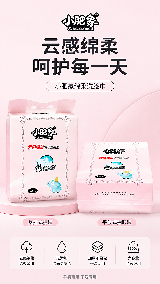 使用电商详情页技能根据商品图「图片1」「图片1」「图片1」「图片1」「图片1」「图片1」「图片1」「图片1」「图片1」「图片1」生成1套详情页，参考图为，商品名称为小肥象洗脸巾，卖点为大尺寸，植物原材料，厚实，适配平台为拼多多，图片比例为9:16，需求屏数为8张，模块包含 ，其他要求为