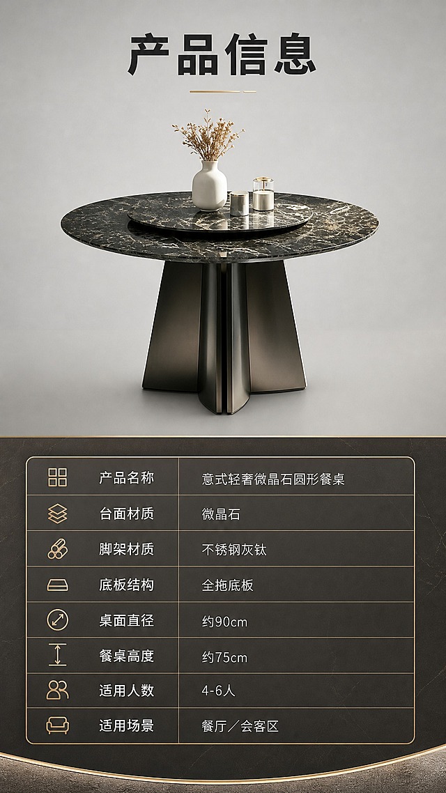 [商品] 使用【图1】意式轻奢微晶石圆形餐桌；保留产品正视图全貌、结构比例、材质颜色；产品清晰展示，用于参数对照。
[画面] 目标：产品信息页，规格参数收口。构图：上下分区，上半产品正视图，下半参数表。主体：餐桌正视图居中，背景简洁，突出产品轮廓。产品占上半区约60%，正视角度，背景为浅灰色渐变。
[视觉] 套系策略：风格=意式轻奢高级商业摄影；标题字=现代简约粗黑体；正文字=纤细无衬线体；主色=深灰黑+暖棕；背景延展=基于深灰黑与暖棕做深浅层级、同色渐变和细腻石材/金属质感；强调色=香槟金，仅用于小面积图标、引线和标签；标题色=深炭灰；正文色=中暖灰；组件=细线表格、金属质感分割线；光影=均匀柔光，产品清晰无阴影。
[文字] 顶部标题"产品信息"；下方参数表，横排表格形式，包含：产品名称"意式轻奢微晶石圆形餐桌"、台面材质"微晶石"、脚架材质"不锈钢灰钛"、底板结构"全拖底板"、桌面直径"约90cm"、餐桌高度"约75cm"、适用人数"4-6人"、适用场景"餐厅/会客区"；表格清晰规整，文字全部横排，手机端可读。
[规格] 图片比例9:16竖版，4K，避免变形、错字、文字过小、冷蓝背景、产品颜色改变、结构失真、出现平台Logo水印。