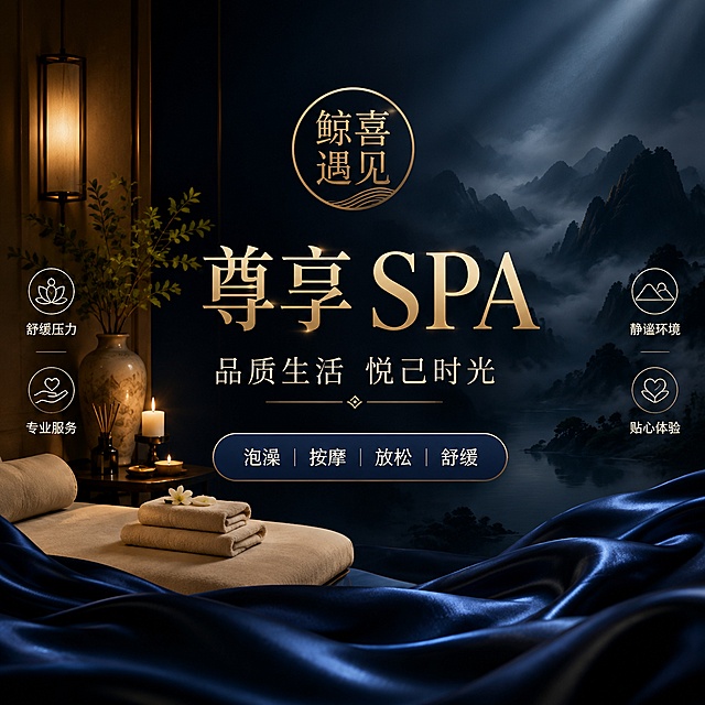 高级氛围感养生按摩电商主图，1:1正方形。深墨蓝暗调奢华风格，流动绸缎质感与山水光影雾气背景。中轴排版：顶部居中圆形中式金色品牌Logo，内有鲸喜遇见四字；中部大号金色主标题尊享SPA，下方浅金色副标题品质生活 悦己时光；底部深蓝渐变胶囊形按钮，内白色文字泡澡 按摩 放松 舒缓。画面左右两侧各两个细线图标加短文案：左侧舒缓压力、专业服务；右侧静谧环境、贴心体验，均为小号白色字。场景元素：左侧暖调雅致包间局部，米色躺椅一角、叠放毛巾、香薰蜡烛、陶瓷花瓶绿植、暖光壁灯；右侧深色山水意境光影；前景底部深蓝绸缎流动承托。光影：左侧暖调壁灯柔光为主光，顶部微弱天光与右侧山水冷光为辅光，冷暖对比，暗调氛围柔和有层次。配色：深墨蓝主色，暖金色+米白色辅色。字体优雅宋体衬线体，文字清晰可读。2K超高清，商业摄影质感，画面满屏无边框。无人物，无水印，无错字。