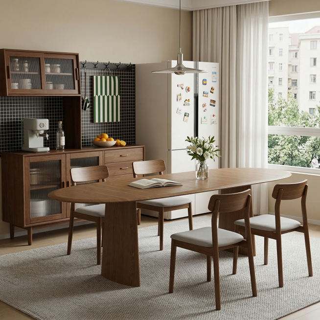 将实木餐桌自然融入日式原木风居家餐厅场景。
1. **主体锁定**：保持椭圆形实木餐桌大小和角度不变，完整保留餐桌的原木纹理和物理结构，不扭曲不变形。
2. **场景环境**：按照描述搭建场景：左侧布预览效果