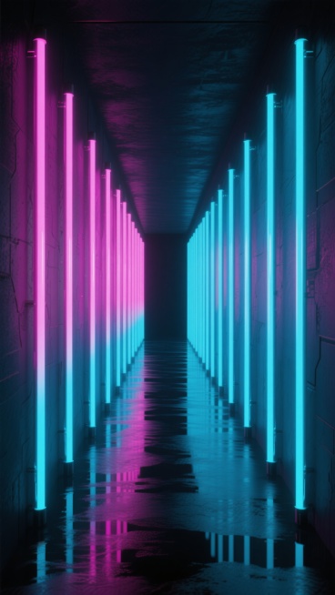 深邃黑暗背景中延伸的未来感隧道，两侧墙面布满垂直排列的霓虹灯管，左侧灯管从顶部的亮粉色渐变至底部的冰蓝色，右侧灯管呈现对称的粉蓝渐变效果，光线在地面投射出细长的彩色倒影，整体营造出炫酷、神秘、充满科技感的赛博朋克氛围，光影对比强烈，色彩过渡自然，空间纵深感强，视觉上具有强烈的引导性和冲击力。预览效果