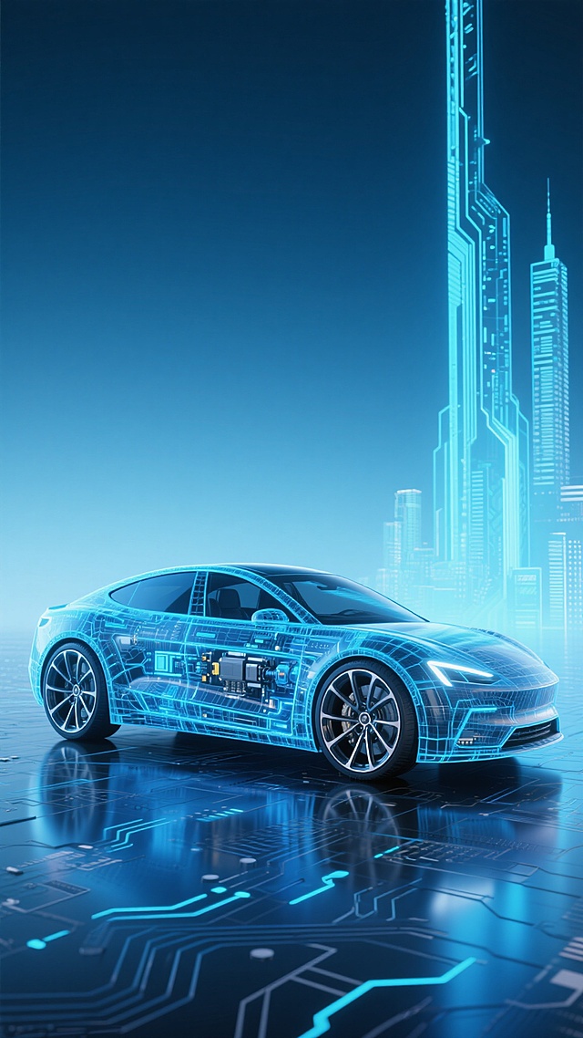 一辆未来感轿车的3D渲染侧视图，车身由蓝色科技感线条和电路纹理构成，内部机械结构与电子元件细节清晰可见，车轮为多辐式轮毂设计，整体呈现半透明的数字全息效果。背景是渐变的深蓝色到浅蓝色的科技感色调，地面有反光效果和电路板纹路，右侧有向上延伸的数据流线条和城市轮廓剪影，整体风格充满赛博朋克与未来科技感，光影柔和且具有金属光泽，画面传达出智能汽车与科技融合的先进理念。